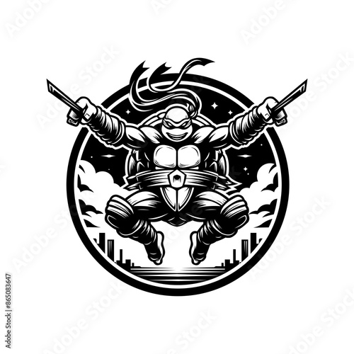 Ninja Turtles Hero Logo Design. Illustration of Ninja Turtles in Action. Black and White Color.