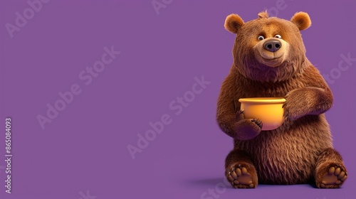 A joyful cartoon bear holding a honey pot on a solid purple background.