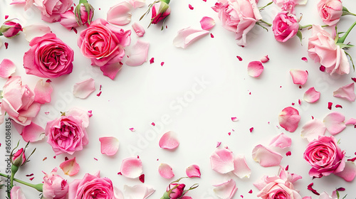 Decorative web banner. Pink rose flowers and petals isolated on white table background. Floral frame composition. Empty space, flat lay, top view