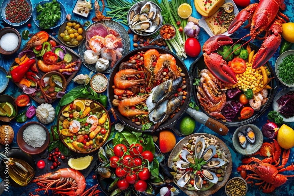 A diverse selection of seafood dishes spread out on a table, showcasing a variety of flavors and textures, A vibrant depiction of a variety of seafood dishes surrounded by colorful ingredients A diverse selection of seafood dishes spread out on a table, showcasing a variety of flavors and textures, A vibrant depiction of a variety of seafood dishes surrounded by colorful ingredients
