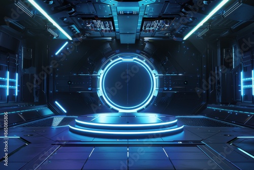 Futuristic Sci-Fi Stage with Neon Lights. Ideal for Product Display, Gaming, or Technology Backgrounds