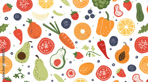 Healthy fruits and vegetables in fun shapes and patterns on a white background. Eat your fruits and veggies for a healthy lifestyle. Perfect for designing posters or ads.