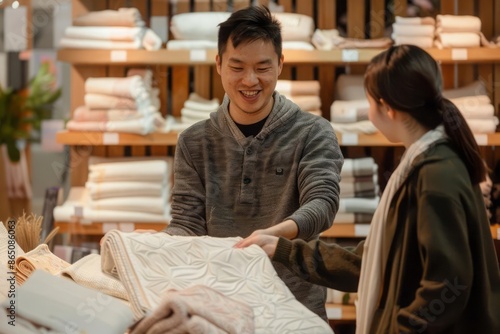 An Asian male home goods seller demonstrating the softness of a plush rug to a customer with a clean and minimalist display of home textiles behind them showcasing premium products