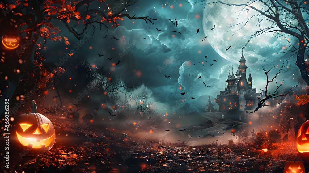 Fototapeta premium spooky glowing pumpkins and haunted house mansion on a chilling dark halloween night,halloween spooky house background,generative ai