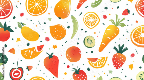 Healthy fruits and vegetables in fun shapes and patterns on a white background. Eat your fruits and veggies for a healthy lifestyle. Perfect for designing posters or ads.