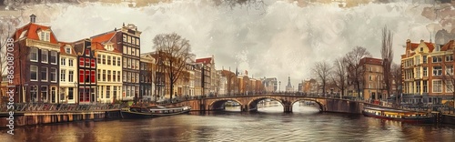 Retro image of Prinsengracht Canal, Amsterdam, The Netherlands. Paper texture. AI generated illustration © 3D