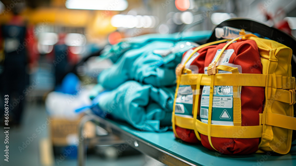 Obraz premium Emergency medical supplies, including first aid kits and uniforms, on a table in a hospital setting.