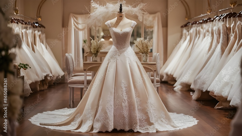 A shop selling wedding dresses. A glamorous place where brides come before the wedding A shop selling wedding dresses. A glamorous place where brides come before the wedding