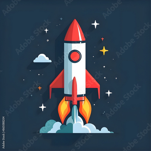 Red Rocket Launch: A vibrant red and white rocket blasts off into the night sky, leaving a trail of flames and smoke. It's a minimalist and flat-style illustration