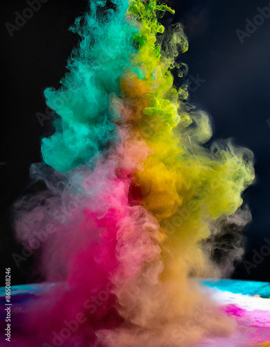 Illustration of explosion of bright colorful powder on dark background, abstract pattern of colored dust splash. Create backdrop concept. Generated ai.