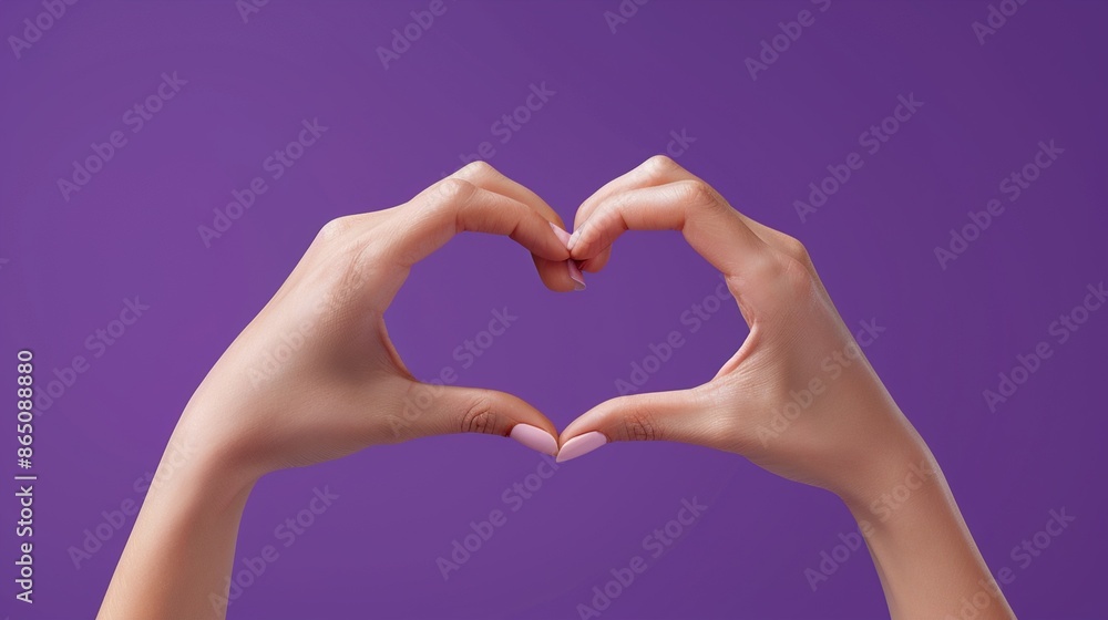 A pair of hands forming a heart shape on a solid purple background. A pair of hands forming a heart shape on a solid purple background.