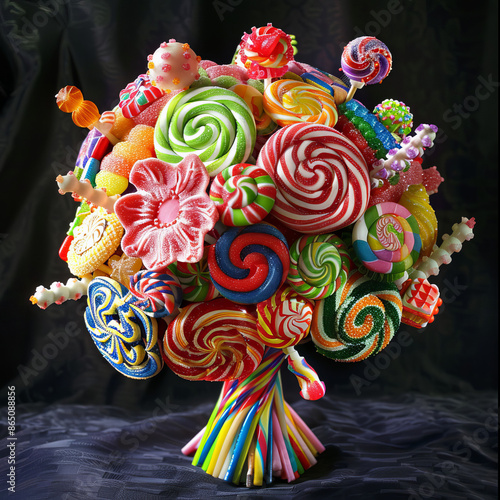 Candy Bouquet: colorful bouquet made entirely of lollipops in various shapes and sizes, arranged in a vibrant and festive display. Bold Patterns: lollipops arrangedon a bold, high-contrast patterned 