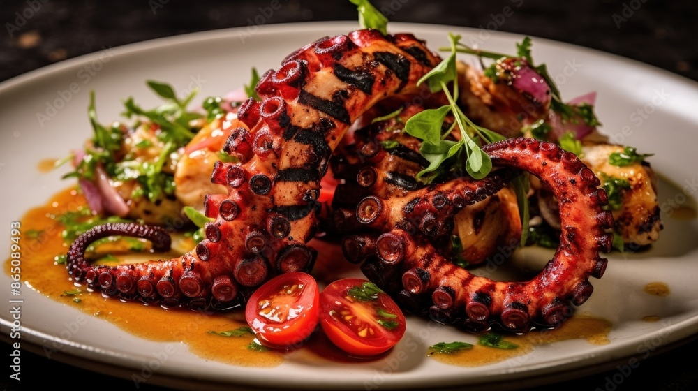 Grilled Octopus Tentacles with Salad and Cherry Tomatoes Grilled Octopus Tentacles with Salad and Cherry Tomatoes