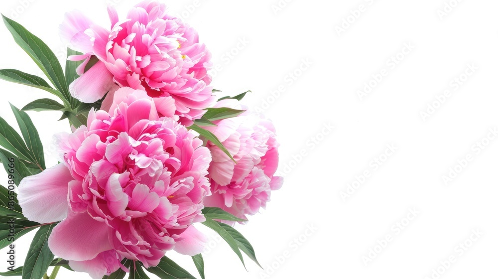 Beautiful fresh peony flowers in full bloom against white background with space for text Beautiful fresh peony flowers in full bloom against white background with space for text