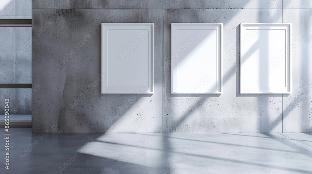 Three White Blank Frames on the Wall of a Minimalistic Art Gallery with Concrete Walls. Modern Exhibition Space Emphasizing Simplicity and Clean Lines. Three White Blank Frames on the Wall of a Minimalistic Art Gallery with Concrete Walls. Modern Exhibition Space Emphasizing Simplicity and Clean Lines.