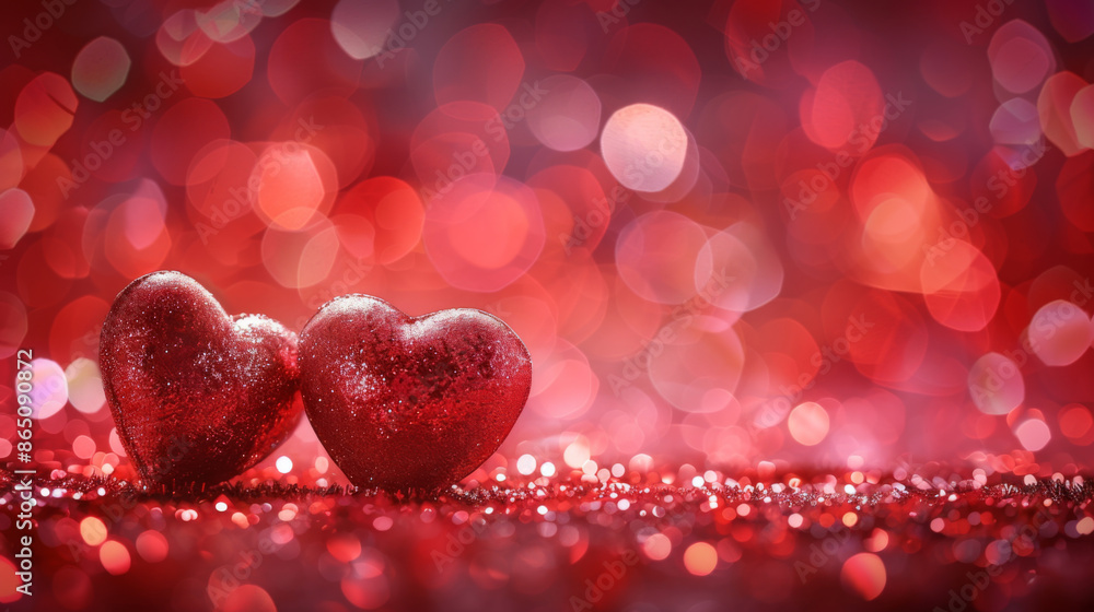 Two sparkling red hearts on a glittery surface with a vibrant red bokeh background, perfect for romantic themes. Two sparkling red hearts on a glittery surface with a vibrant red bokeh background, perfect for romantic themes.