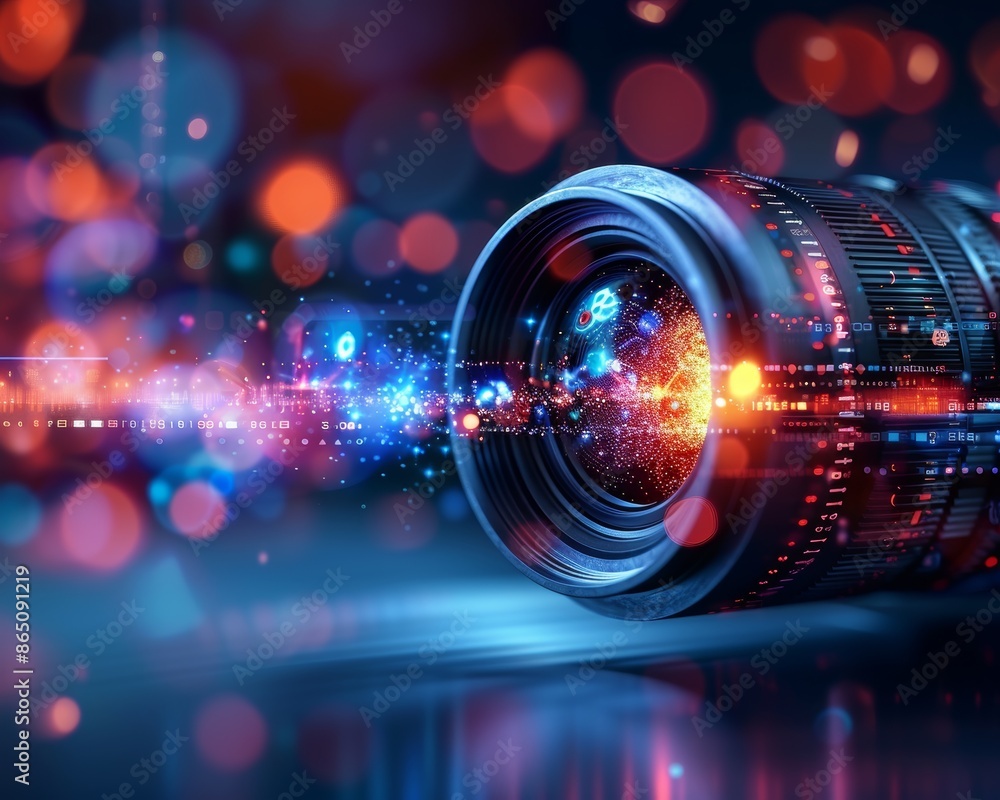 Fototapeta premium Close-up of a camera lens with colorful bokeh lights in the background, capturing a vibrant and dynamic visual experience.