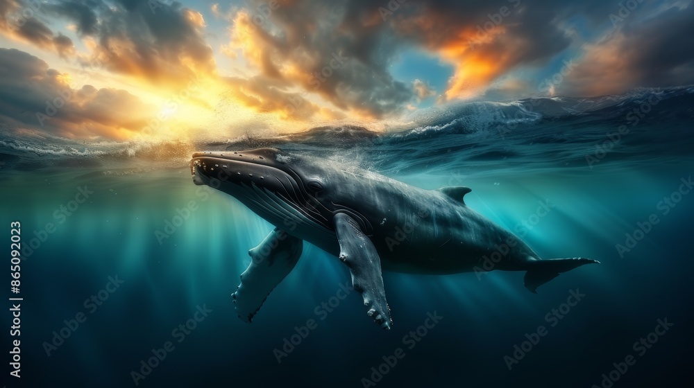 Fototapeta premium Majestic whale swimming underwater with a stunning sunset sky, creating a serene and awe-inspiring natural scene.