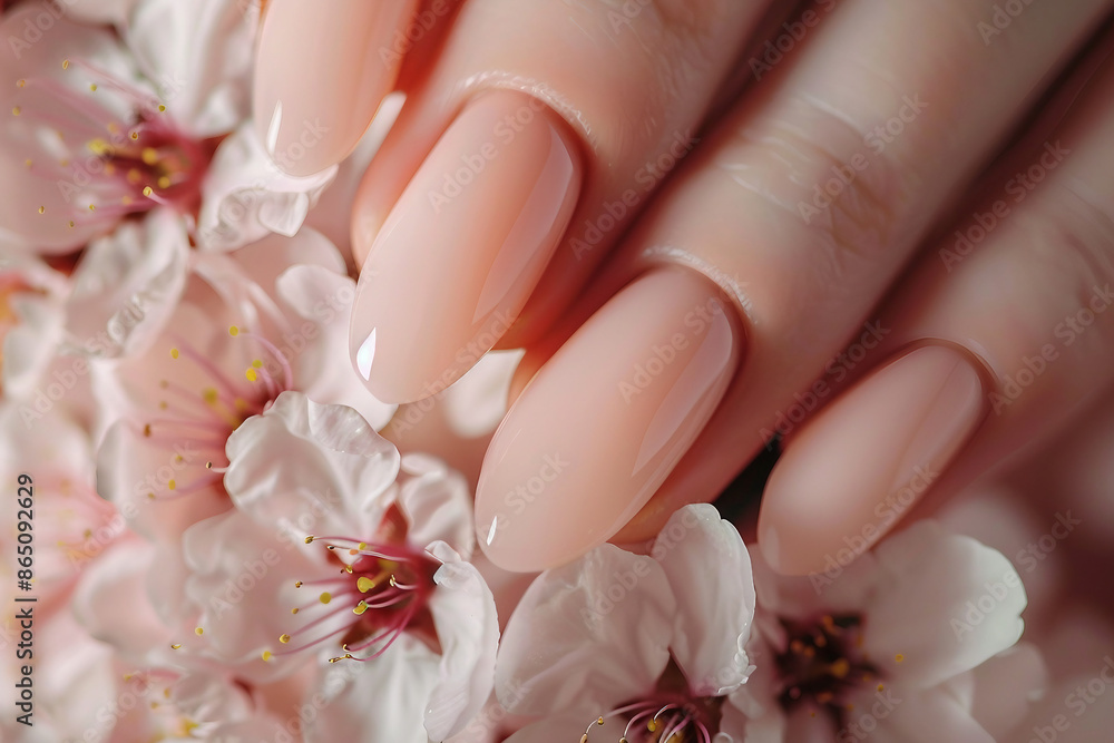 Closeup Generative AI picture of glossy shiny finger nails covered with pink pastel nail polish after manicure Closeup Generative AI picture of glossy shiny finger nails covered with pink pastel nail polish after manicure