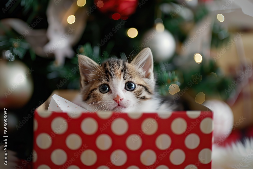 Kitten sitting in a red polka dot gift box on festive Christmas Tree Background. Cute little pet. Funny Animal Kid. Alive gift. Christmas Present. Small Gray Kitten Playing Xmas Decorations, Balls Kitten sitting in a red polka dot gift box on festive Christmas Tree Background. Cute little pet. Funny Animal Kid. Alive gift. Christmas Present. Small Gray Kitten Playing Xmas Decorations, Balls