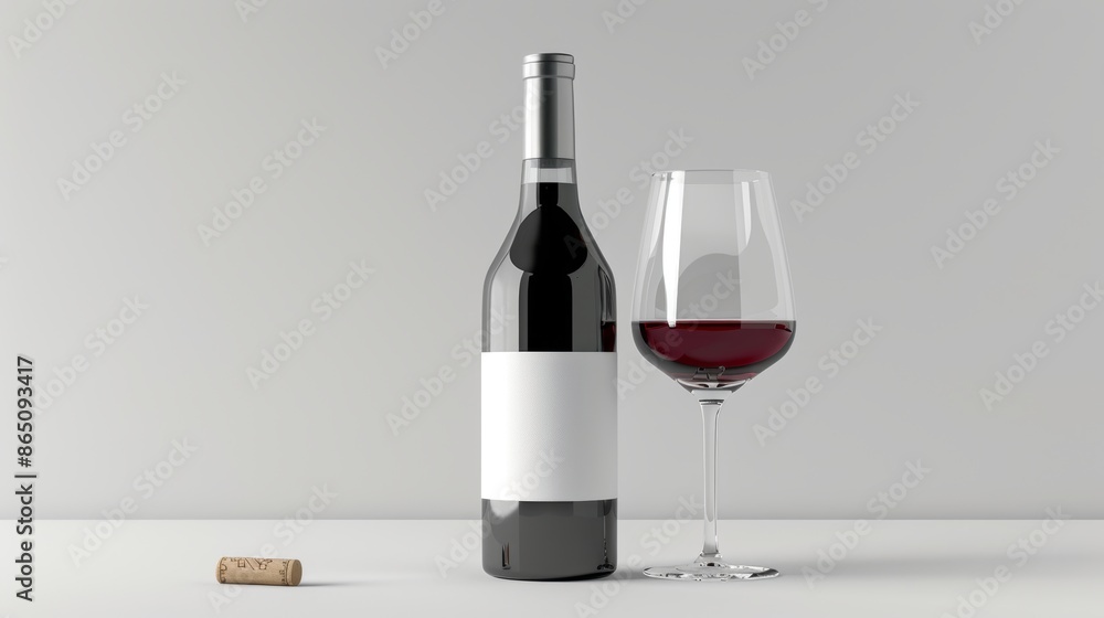 bottle of wine with mockup label and wine glass isolated on white background, copy space bottle of wine with mockup label and wine glass isolated on white background, copy space