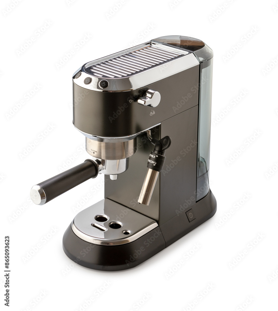 A black coffee maker with a silver handle isolated on white background A black coffee maker with a silver handle isolated on white background