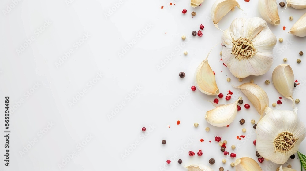 Garlic slices on white background with space for text or images Spices and herbs in packaging Close up Garlic slices on white background with space for text or images Spices and herbs in packaging Close up