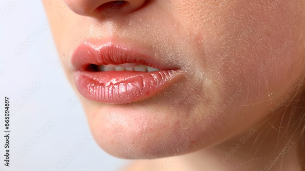 Obraz premium A detailed close up image of a red swollen and painful cold sore infection on the human lip