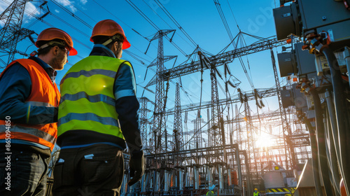 Two engineers in safety gear inspecting a high-voltage electrical substation during a sunny day.