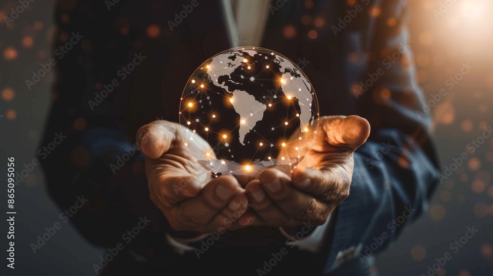 business man holding abstract connected world globe in hands