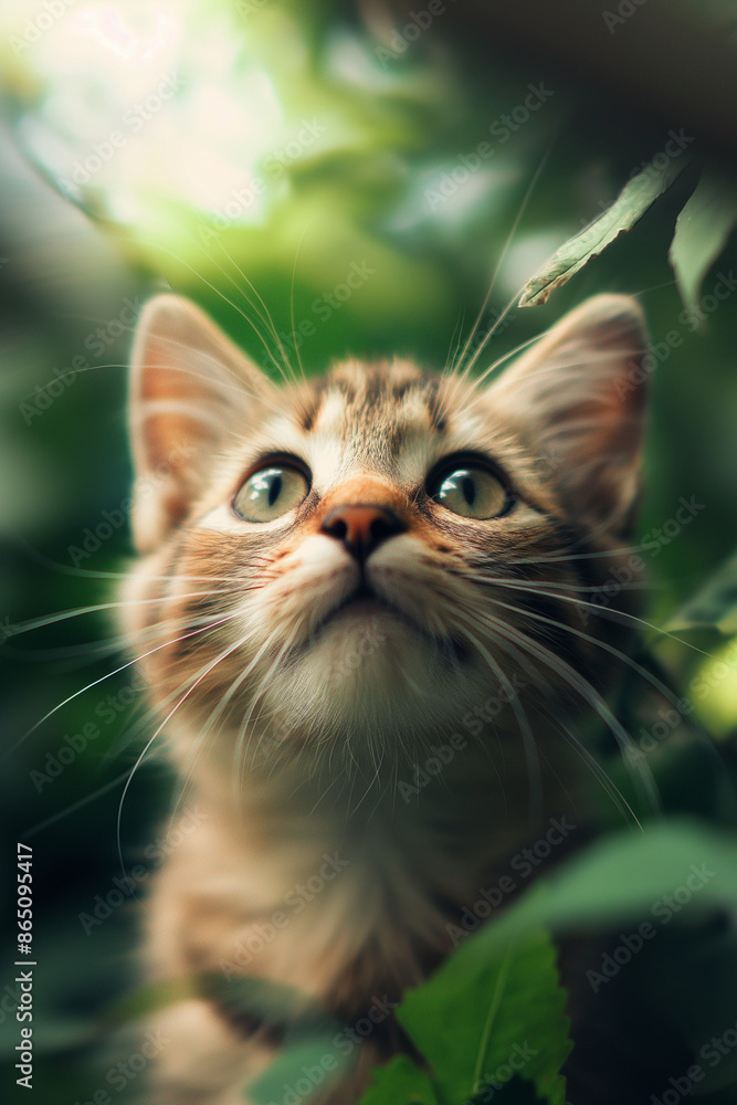 A curious tabby kitten looks up while surrounded by lush green foliage A curious tabby kitten looks up while surrounded by lush green foliage