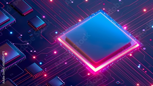 Neon Lit Circuit Board With High-Tech Processor Artificial Intelligence Technology Futuristic Concept