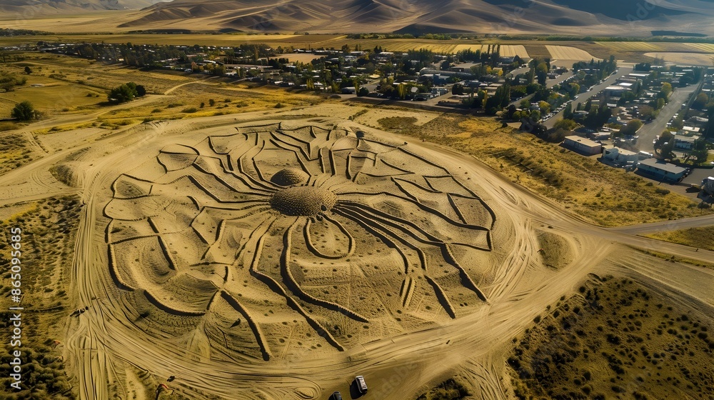 Aerial View of Captivating Spider Shaped Geoglyph in the Desert Landscape Aerial View of Captivating Spider Shaped Geoglyph in the Desert Landscape