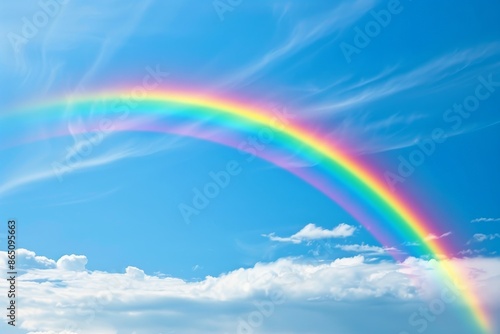 A rainbow in the sky amidst fluffy white clouds on a sunny day, A vibrant rainbow stretching across a clear blue sky