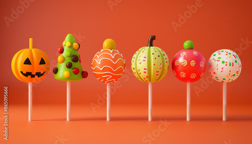 lollipops of the same color but different shades and sizes, aesthetically pleasing manner. Macro photo of a lollipop with multiple layers of flavors. Lollipops designed with seasonal themes photo