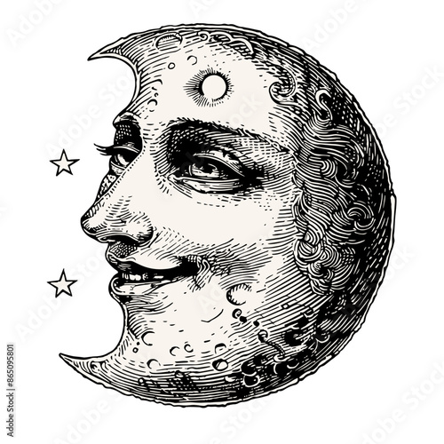 Smiling moon Vintage engraved illustration isolated on white