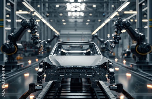 Robotic arms assembling a car frame in a modern automotive factory