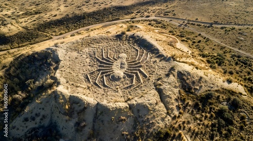 Aerial View of Mysterious Spider Geoglyph in Desert Landscape