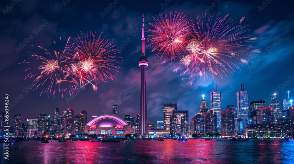 Fototapeta premium Vibrant fireworks illuminate the night sky over the Toronto skyline, showcasing the CN Tower and city lights.