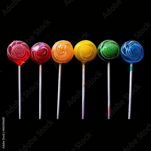 lollipops of the same color but different shades and sizes, aesthetically pleasing manner. Macro photo of a lollipop with multiple layers of flavors. Lollipops designed with seasonal themes