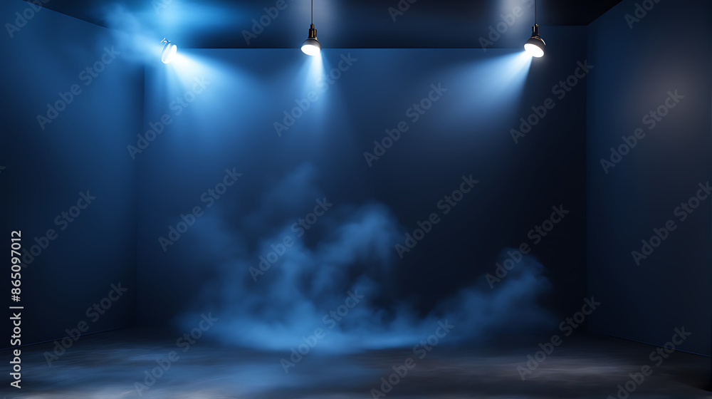 The dark scene has a smoky dark blue background. Empty dark room with spotlights for displaying product design The dark scene has a smoky dark blue background. Empty dark room with spotlights for displaying product design