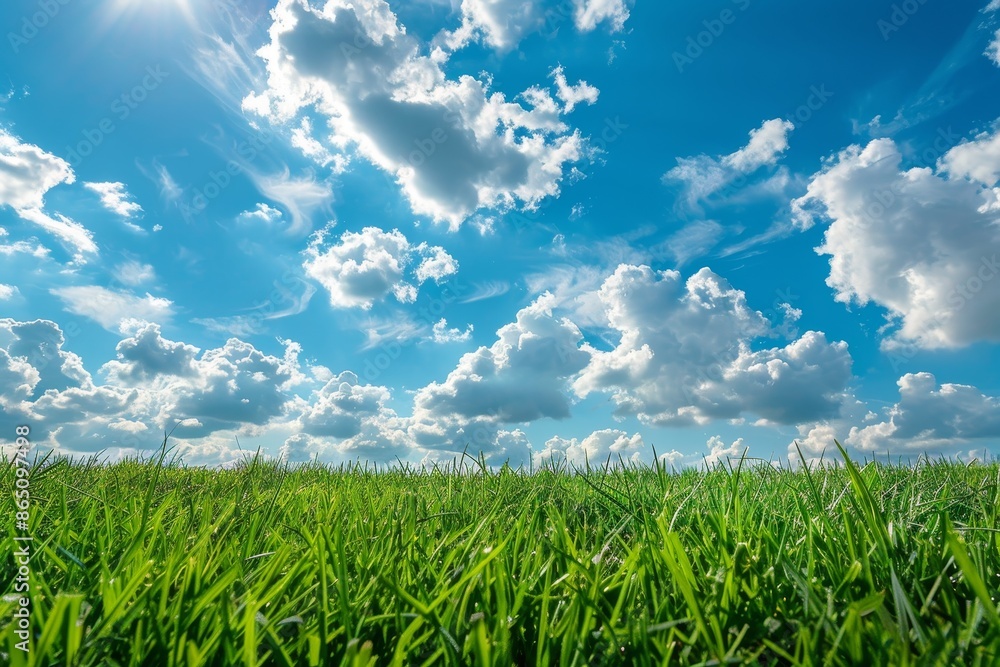 A view of a lush grassy field under a vibrant blue sky dotted with fluffy clouds, A vibrant snapshot of nature's beauty featuring lush green grass and a sky filled with fluffy white clouds A view of a lush grassy field under a vibrant blue sky dotted with fluffy clouds, A vibrant snapshot of nature's beauty featuring lush green grass and a sky filled with fluffy white clouds