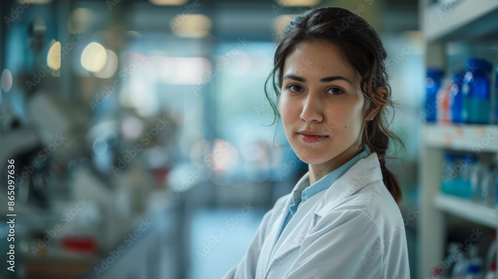 Obraz premium Portrait of a young female scientist in a modern laboratory setting, showcasing confidence and dedication to research.