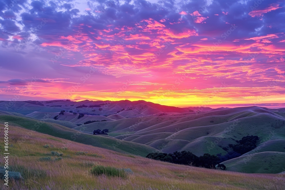 Fototapeta premium The sun sets over the hills and valleys, casting a vibrant glow across the landscape, A vibrant sunset over rolling hills