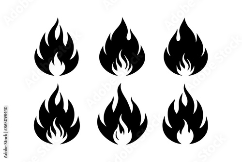 A collection of black fire flame silhouettes against a white backdrop