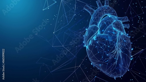 Polygonal heart structure, medical and cardiological connections, innovative medicine and technology, low poly wireframe photo