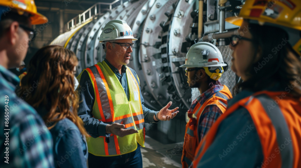 Group of engineers wearing safety gear discussing procedures in an industrial plant with machinery and control panels. Group of engineers wearing safety gear discussing procedures in an industrial plant with machinery and control panels.