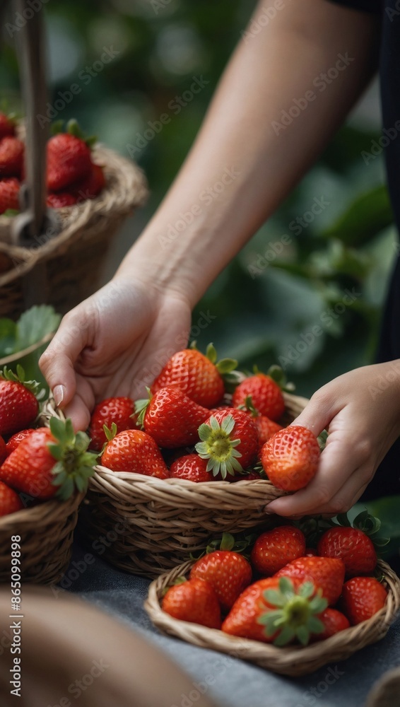 Detailed view, woman holding fresh red strawberries Detailed view, woman holding fresh red strawberries