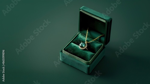 A shimmering emerald pendant displayed in a plush velvet gift box on a solid green background.
