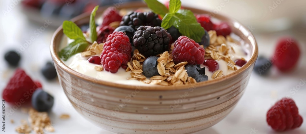 Breakfast bowl of yogurt topped with berries and muesli. Breakfast bowl of yogurt topped with berries and muesli.